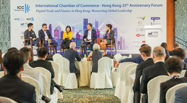 On the Forum themed “Digital Trade and Finance in Hong Kong: Reasserting Global Leadership” organized by ICC-HK, one of the topics of the Panel Discussions is “Mainstreaming Digital Trade in HK: The entrepot in the 21st century”. Please note the Panel Viewpoints and the Modulator on the stage as follows (from left to right): 1. Mr. Pete Chareonwongsak, Chief Executive Officer, Teleport; 2. Mr. Bertrand Chen, CEO, Global Shipping Business Network; 3. Ms. Denise Tsang, News Editor, South China Morning Post (Modulator); 4. Mr. Wilkie Wong, Chief Financial Officer, Esquel Group; 5. Ms. Pamela Mar, Managing Director, ICC Digital Standards Initiative